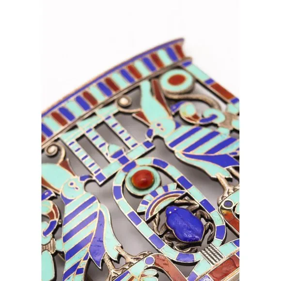 French 1880 Egyptian Revival Pectoral Silver Champleve Cloisonne Lapis - Picture 7 of 7